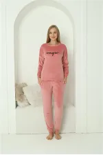 Moda Çizgi Kadın Kadife Pembe Pijama Takım 20624