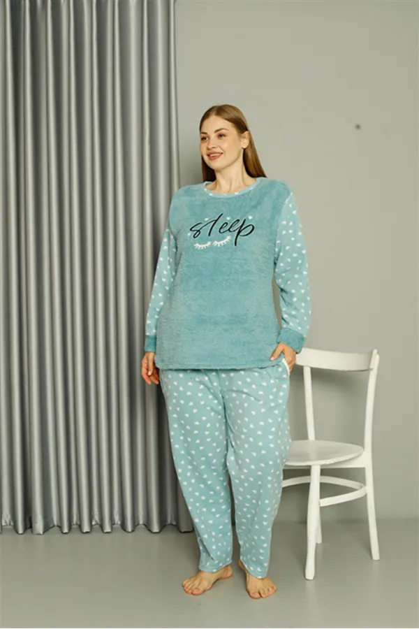 Moda Çizgi Welsoft Polar Kadın Büyük Beden Su Yeşili Pijama Takımı 808046