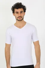 moda çizgi Erkek Likralı V Yaka Beyaz T-Shirt 65700