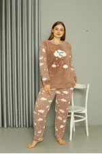 Moda Çizgi Welsoft Polar Kadın Büyük Beden Sütlü Kahve Pijama Takımı 808044