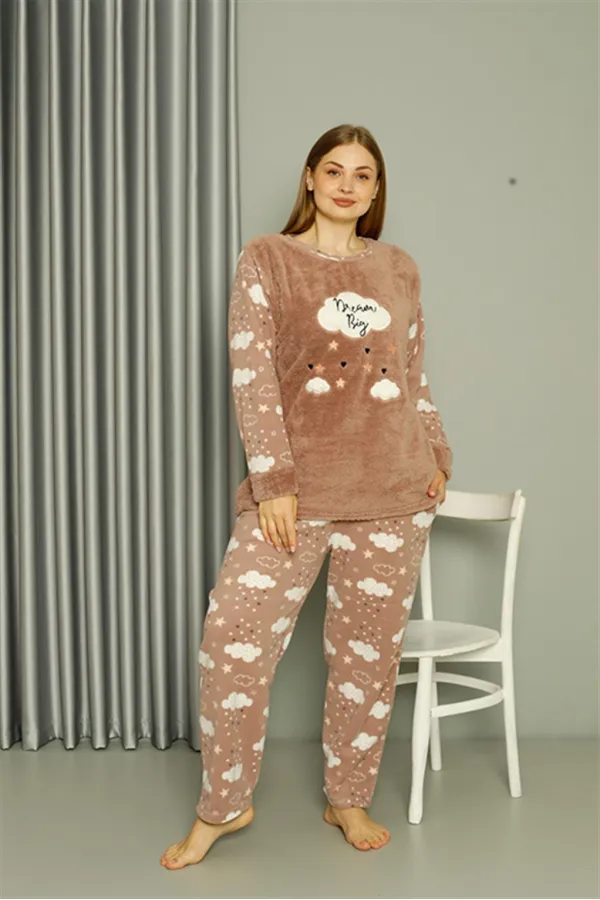 Moda Çizgi Welsoft Polar Kadın Büyük Beden Sütlü Kahve Pijama Takımı 808044