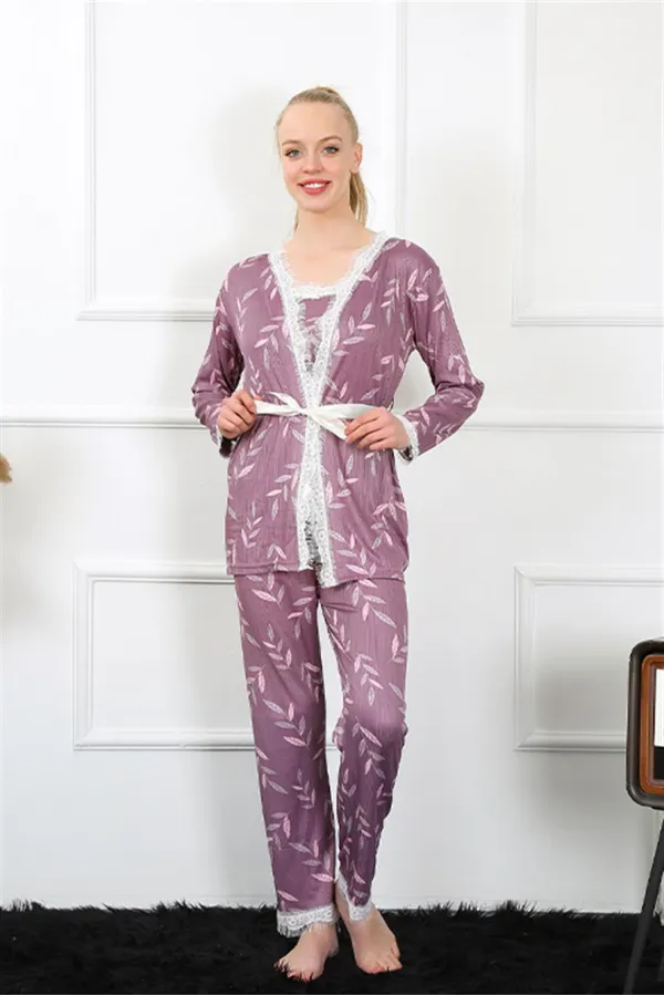 Moda Çizgi Kadın 3lü Lila Sabahlık Pijama Takım 16103