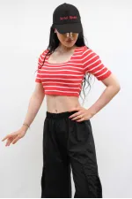 Moda Çizgi Triko Crop Çizgili Kırmızı