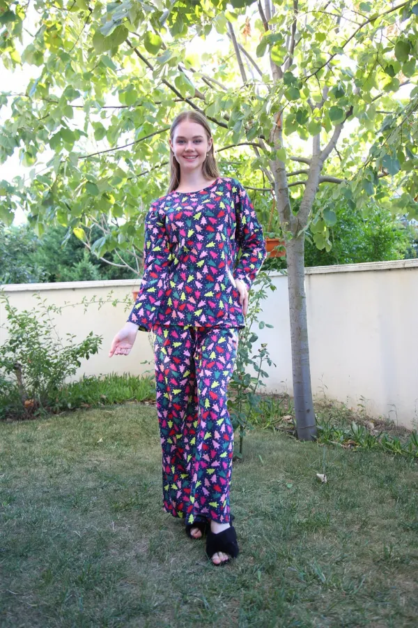 Moda Çizgi Kadın Penye Bol Paça Pijama Takım 4123