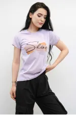 Moda Çizgi Shine Baskılı Tshirt Lila