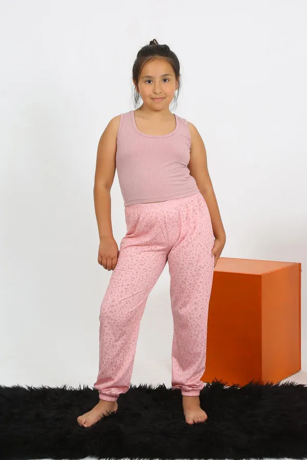 Moda Çizgi Kız Çocuk Sıfır Kol Gül Kurusu Penye Pijama Takım 20433