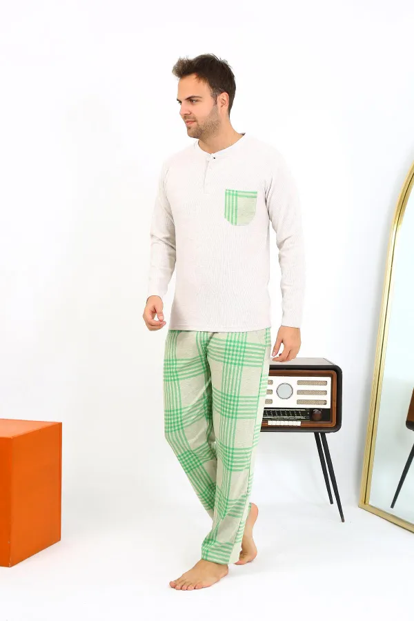 Moda Çizgi Erkek Uzun Kol Penye Krem Pijama Takımı 6861