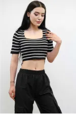 Moda Çizgi Triko Crop Çizgili Siyah