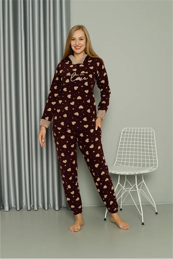 Moda Çizgi Welsoft Polar Kadın Kapşonlu Pijama Takımı 8513