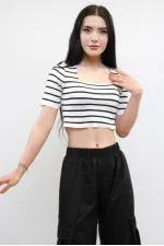 Moda Çizgi Triko Crop Çizgili  Beyaz