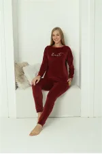 Moda Çizgi Kadın Kadife Bordo Pijama Takım 20624