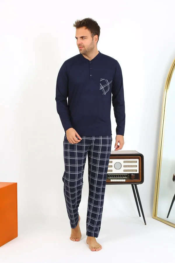 Moda Çizgi Erkek Uzun Kol Penye Lacivert Pijama Takımı 6861