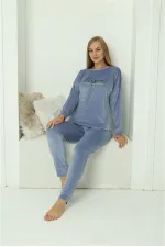 Moda Çizgi Kadın Kadife Mavi Pijama Takım 20624