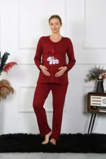 Moda Çizgi Kadın Uzun Kol Hamile Lohusa Pijama Takımı Bordo 45501