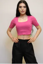 Moda Çizgi Kare Yaka Triko Crop Fuşya