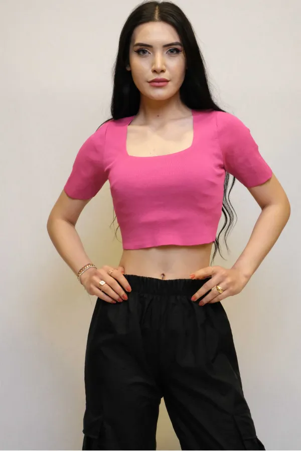 Moda Çizgi Kare Yaka Triko Crop Fuşya