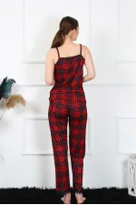 Moda Çizgi Kadın İp Askılı Kırmızı Ekoseli Pijama Takım 4135