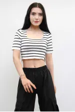 Moda Çizgi Triko Crop Çizgili  Beyaz