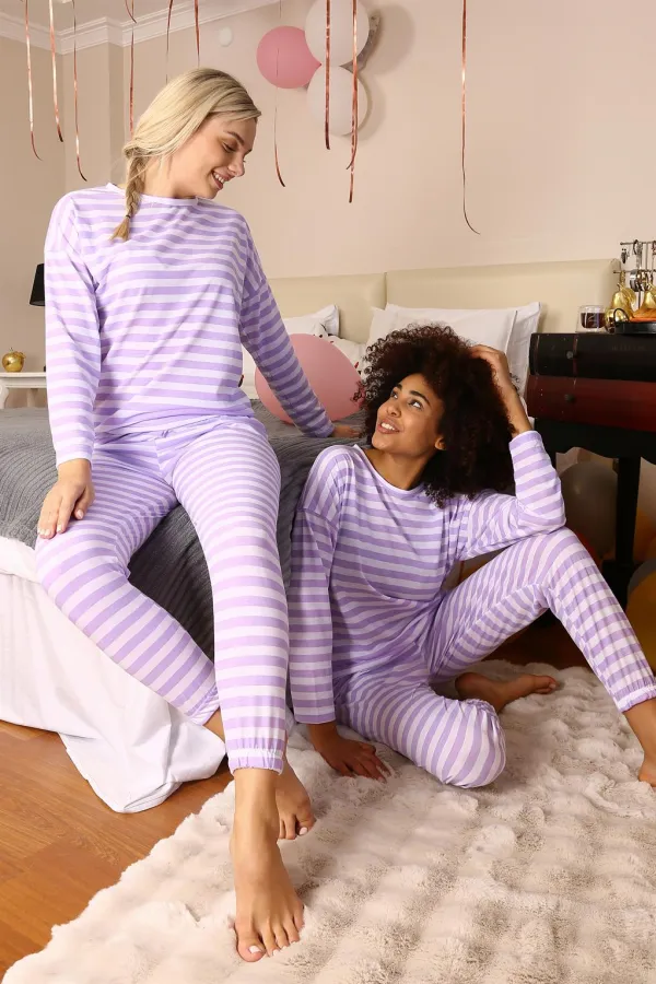 Moda Çizgi Kadın Uzun Kol Penye Pijama Takım 4175