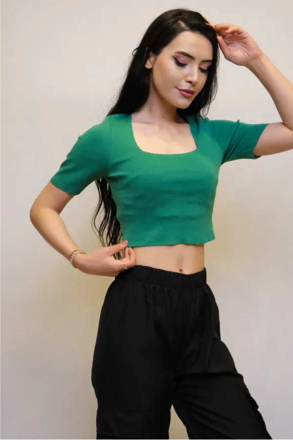 Moda Çizgi Kare Yaka Triko Crop Yeşil