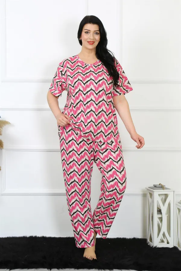 Moda Çizgi Kadın 5XL-6XL-7XL-8XL Büyük Beden Kısa Kol Pijama Takım 75009