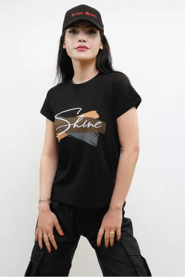 Moda Çizgi Shine Baskılı Tshirt Siyah