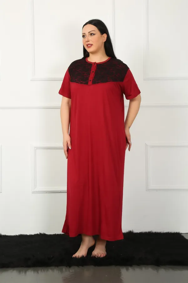 Moda Çizgi Big Dantelli Kısa Kol Bordo Anne Gecelik 1348