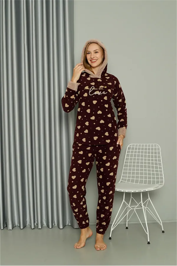 Moda Çizgi Welsoft Polar Kadın Kapşonlu Pijama Takımı 8513