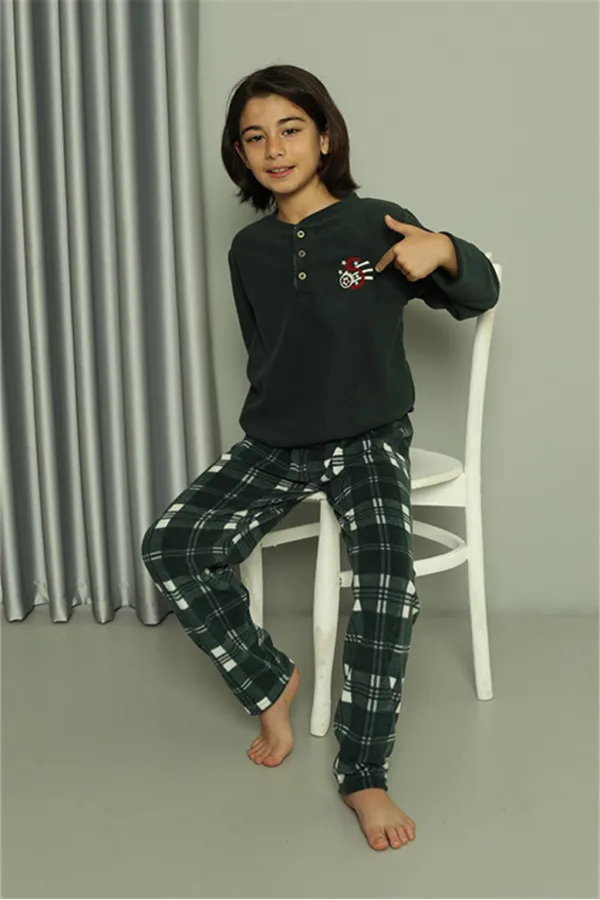 Moda Çizgi Erkek Çocuk WelSoft Polar Yeşil Pijama Takımı 20549