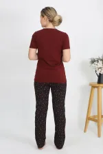 Moda Çizgi Kadın Kısa Kol Pamuk Penye Pijama Takım Bordo 4214