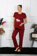 Moda Çizgi Kadın Kısa Kol Hamile Lohusa Pijama Takımı Bordo 45210