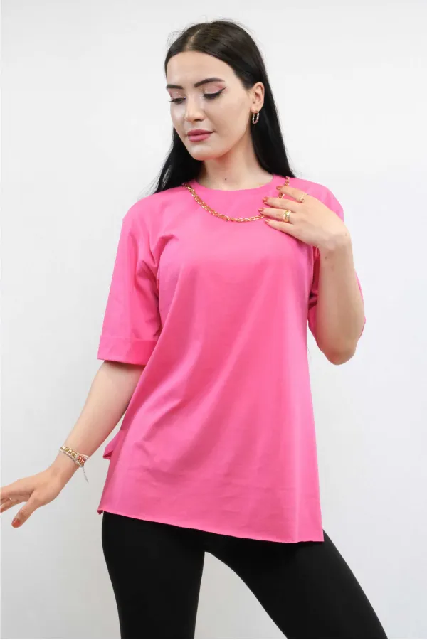 Moda Çizgi Zincir Aksesuarlı Tshirt Pembe