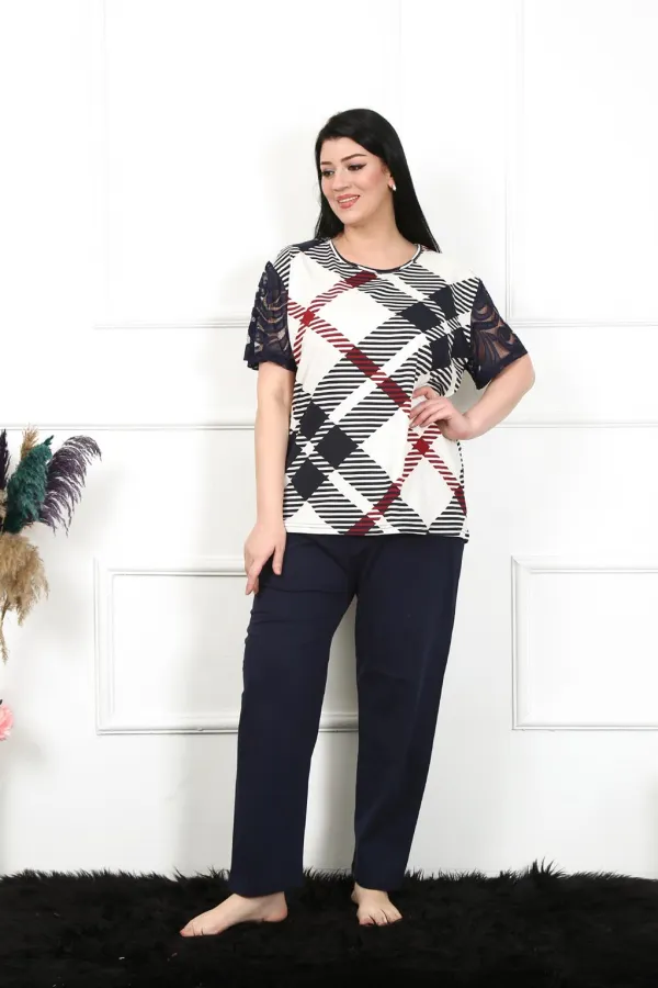 Moda Çizgi Kadın 5XL-6XL-7XL-8XL Büyük Beden Kısa Kol Pijama Takım 75003