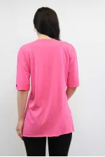 Moda Çizgi Bisiklet Yaka Oversize Tshirt Pembe