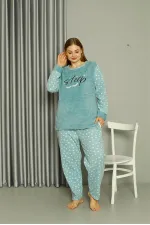 Moda Çizgi Welsoft Polar Kadın Büyük Beden Su Yeşili Pijama Takımı 808046