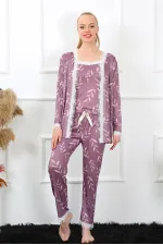 Moda Çizgi Kadın 3lü Lila Sabahlık Pijama Takım 16103