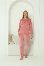 Moda Çizgi Kadın Kadife Pembe Pijama Takım 20624