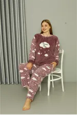 Moda Çizgi Welsoft Polar Kadın Büyük Beden Lila Pijama Takımı 808044