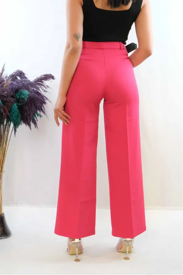 Moda Çizgi Kemerli Pantolon Pembe