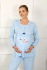 Moda Çizgi Kadın Uzun Kol Hamile Lohusa Pijama Takımı Mavi 45501