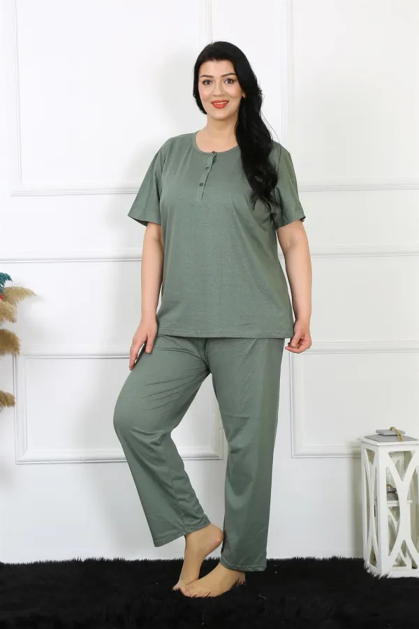 Moda Çizgi Kadın 5XL-6XL-7XL-8XL Büyük Beden Yeşil Kısa Kol Pijama Takım 75012