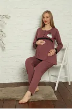 Moda Çizgi Kadın Hamile Lohusa Mürdüm  Pijama Takımı 45201