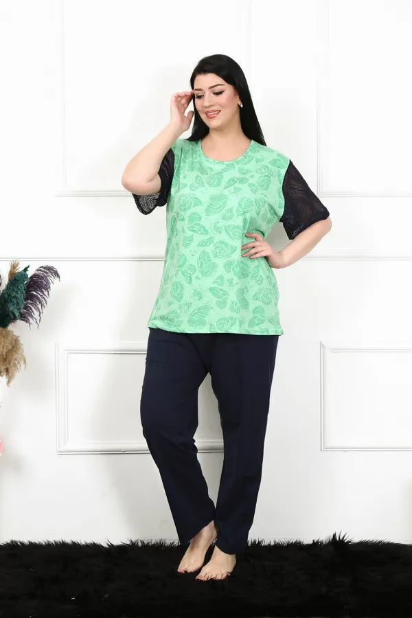 Moda Çizgi Kadın 5XL-6XL-7XL-8XL Büyük Beden Kısa Kol Pijama Takım 75004