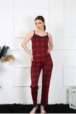 Moda Çizgi Kadın İp Askılı Kırmızı Ekoseli Pijama Takım 4135