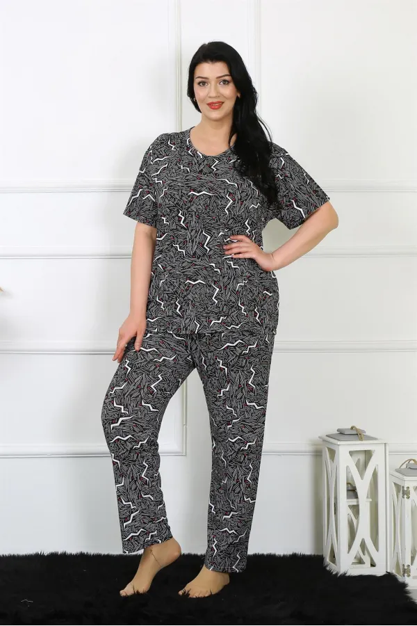 Moda Çizgi Kadın 5XL-6XL-7XL-8XL Büyük Beden Kısa Kol Pijama Takım 75011