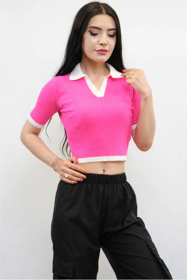 Moda Çizgi Renkli Yaka Triko Crop Pembe