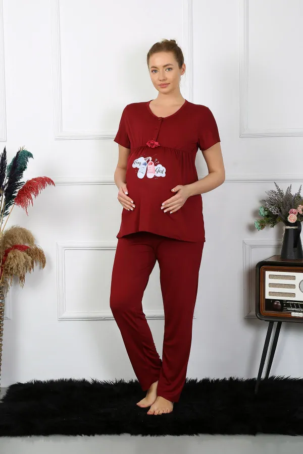 Moda Çizgi Kadın Kısa Kol Hamile Lohusa Pijama Takımı Bordo 45210