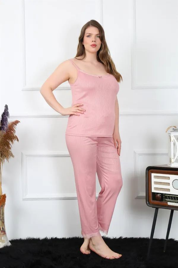 Moda Çizgi Kadın Büyük Beden Pudra İp Askılı Pijama Takım 202195