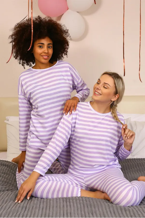 Moda Çizgi Kadın Uzun Kol Penye Pijama Takım 4175