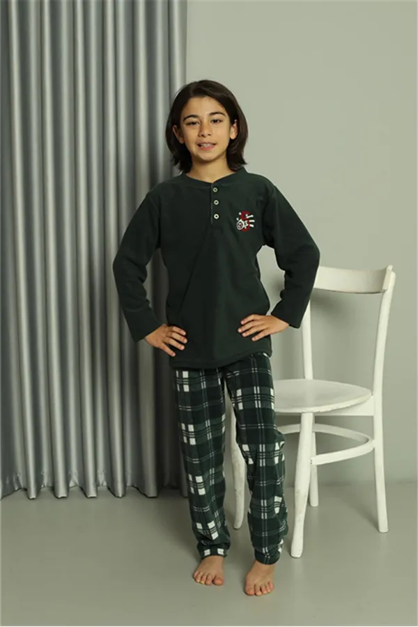 Moda Çizgi Erkek Çocuk WelSoft Polar Yeşil Pijama Takımı 20549